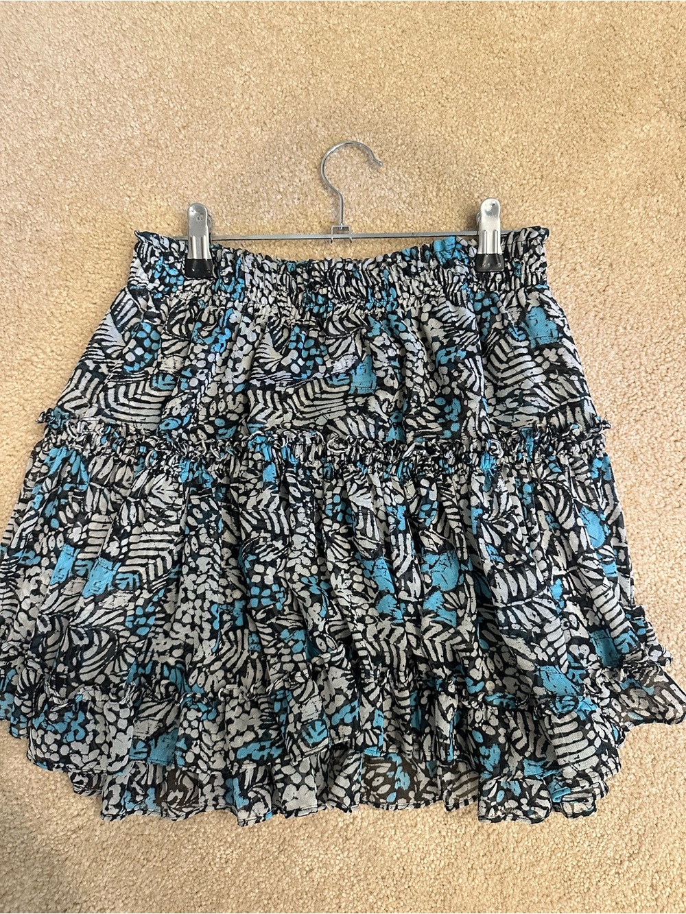Misa Los Angeles Black, White & Blue Tiered Ruffle Mini Skirt